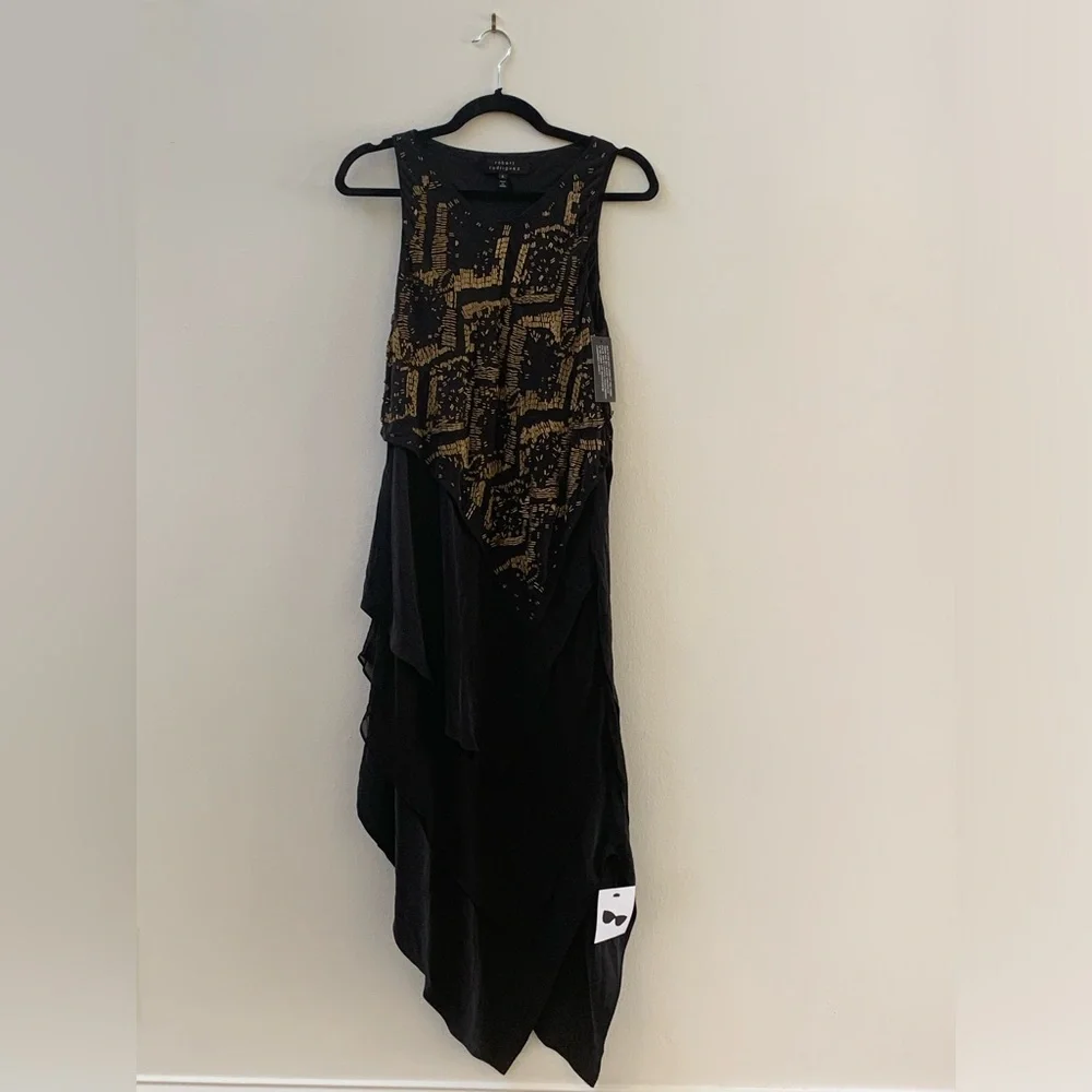 SZ 6 Robert Rodriguez Black/Gold Beaded Sleeveless Asymmetrical Dress - Picture 1 of 6